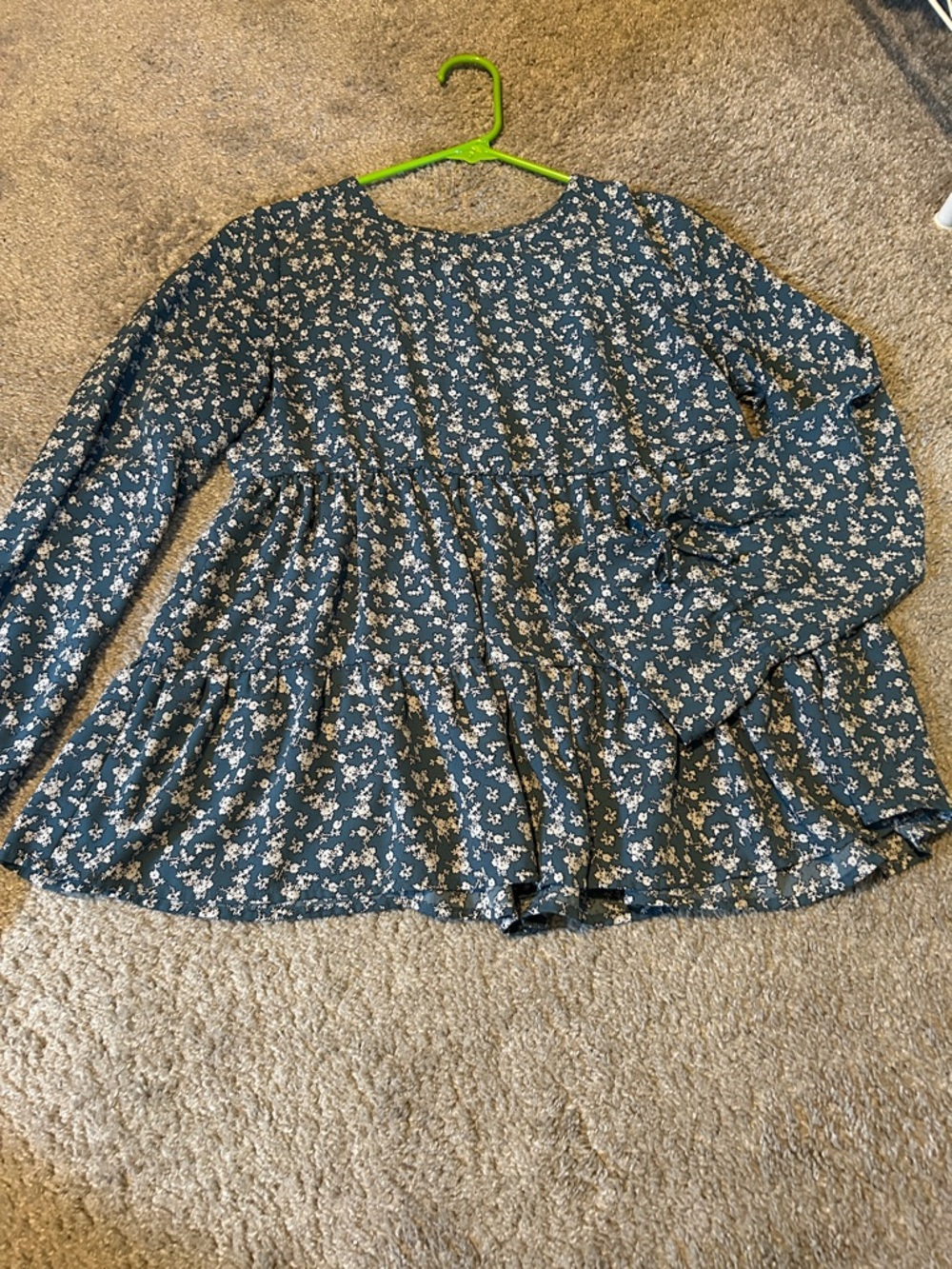 Maurices Teal Blue Floral Tiered Long-Sleeve Tunic